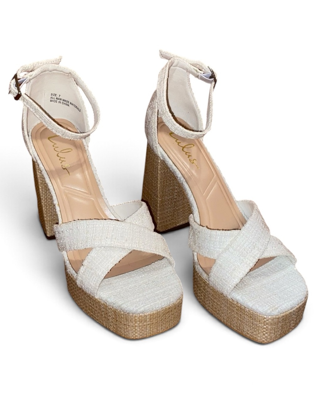 LULUS Capitolla White Tweed Platform Ankle Strap Sandals WHT/TAN SIZE 7